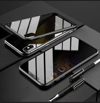 Anti-peep double-sided magneto phone case with metal frame and tempered glass for iPhone – solid colour flip cover