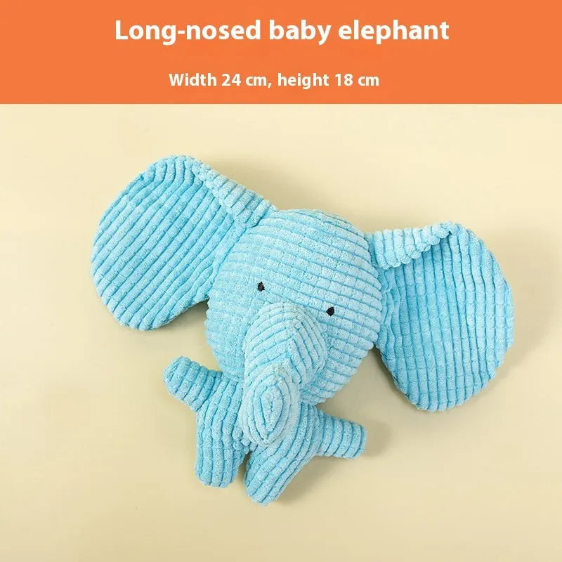 Assortment of soft plush pet toys: donkey, rechargeable duck, blue elephant, dizzy dog, and blink elephant.