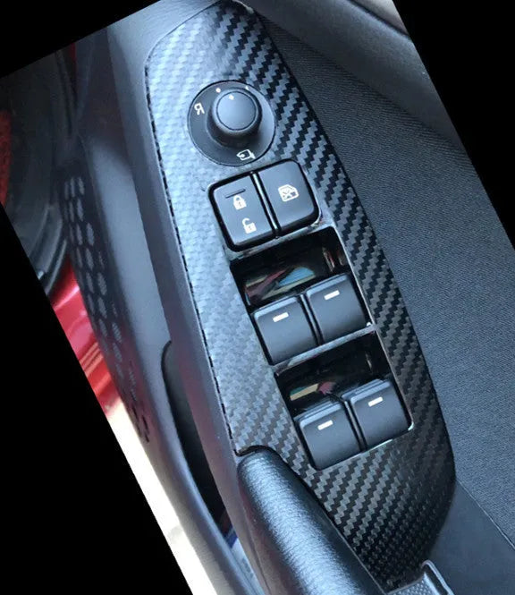 TPU protective films for 2014-2019 car door control panels in transparent, carbon fibre black and matte black options