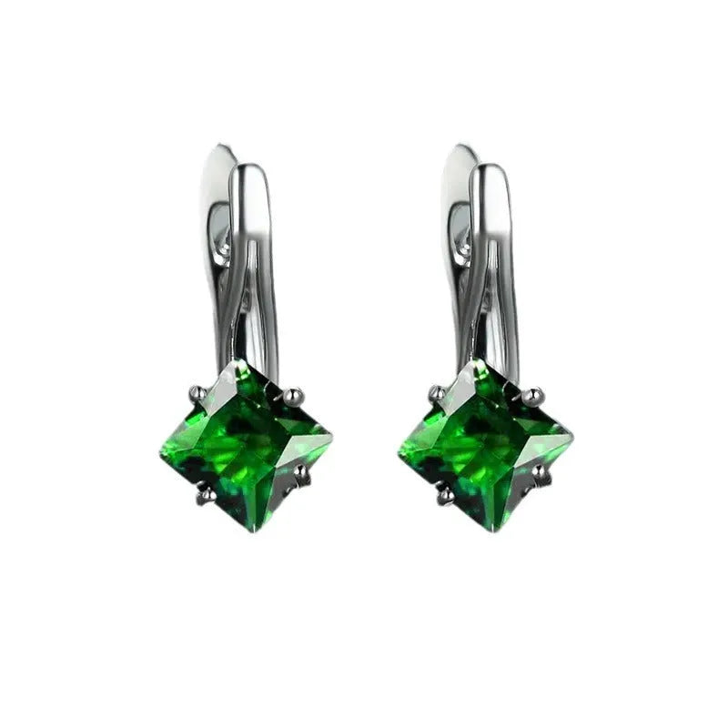 Copper women's earrings with inlaid zircon diamond design in blue, green, or colour variants.