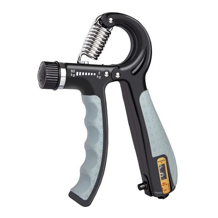 Adjustable counting hand gripper with black handles and built-in mechanical counter on a white background