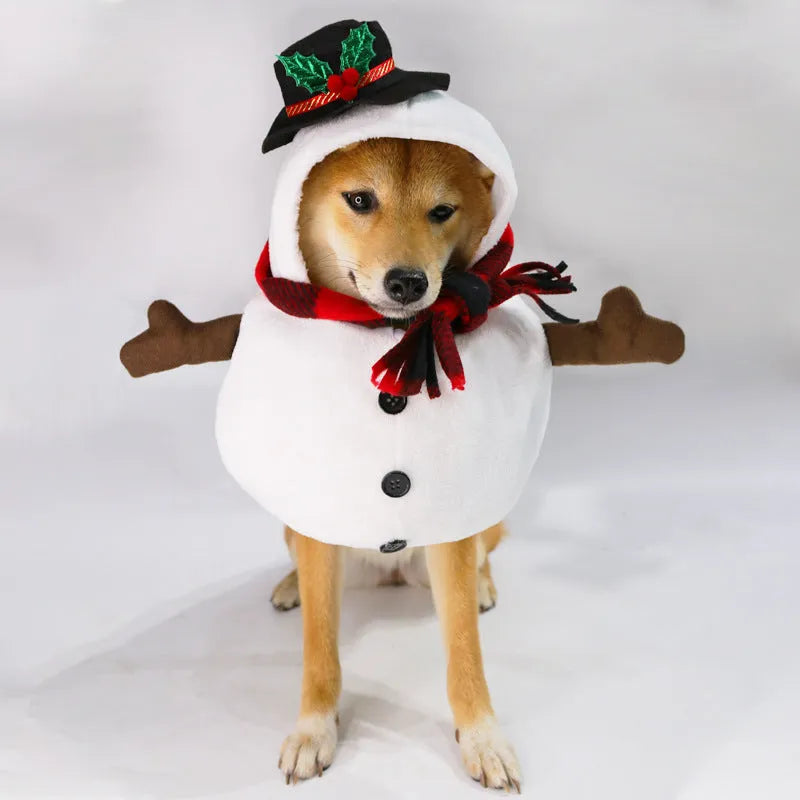 Christmas snowman design dog costume made of polyester on a light background, available in sizes S M L XL
