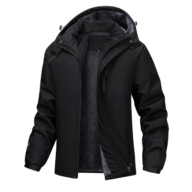 Man wearing a dark grey waterproof hooded plus-size coat outdoors.