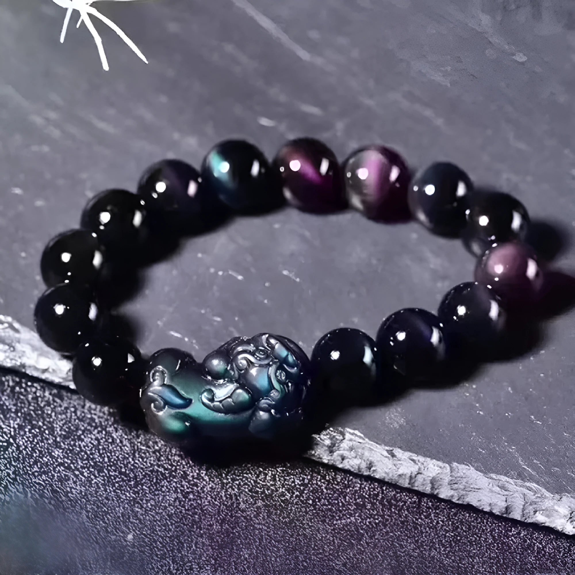 Natural ice colour eye obsidian crystal bracelet showing bead texture and sizing options