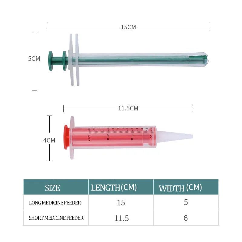 Two silicone-tipped pet pill shooters in different sizes on a white background.