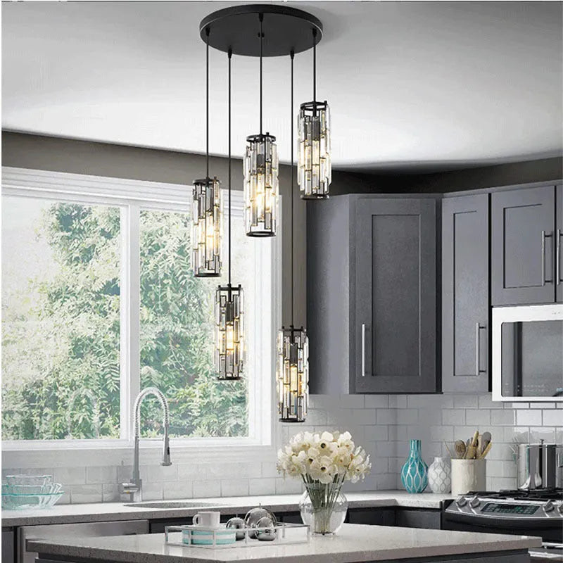 Industrial style LED crystal droplight in black finish with metal frame and crystal pendant detail