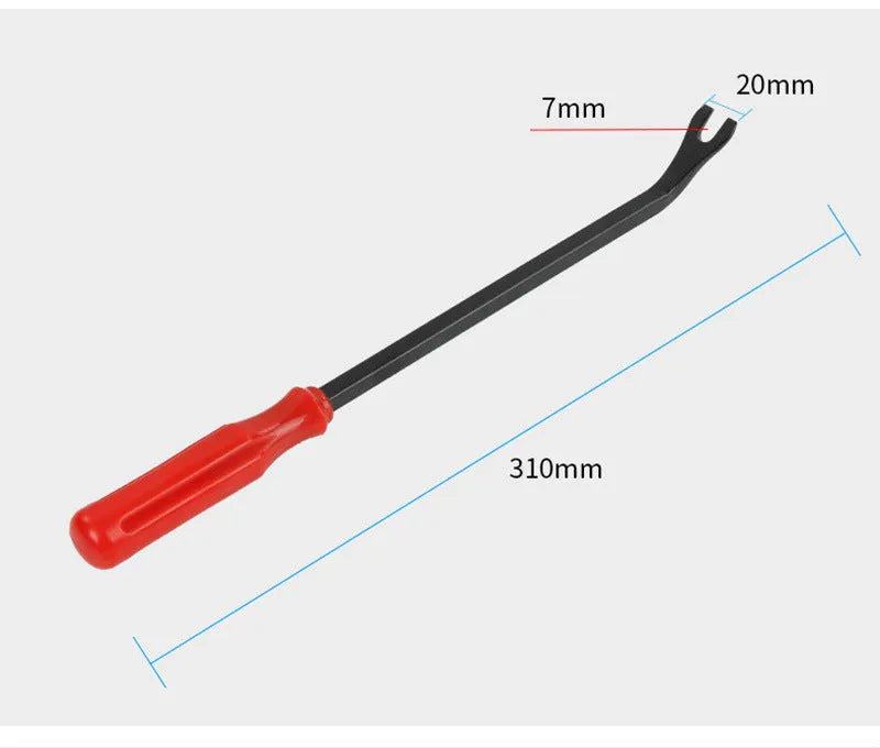 Red-handled steel automotive door panel clip removal tool for General Motors vehicles