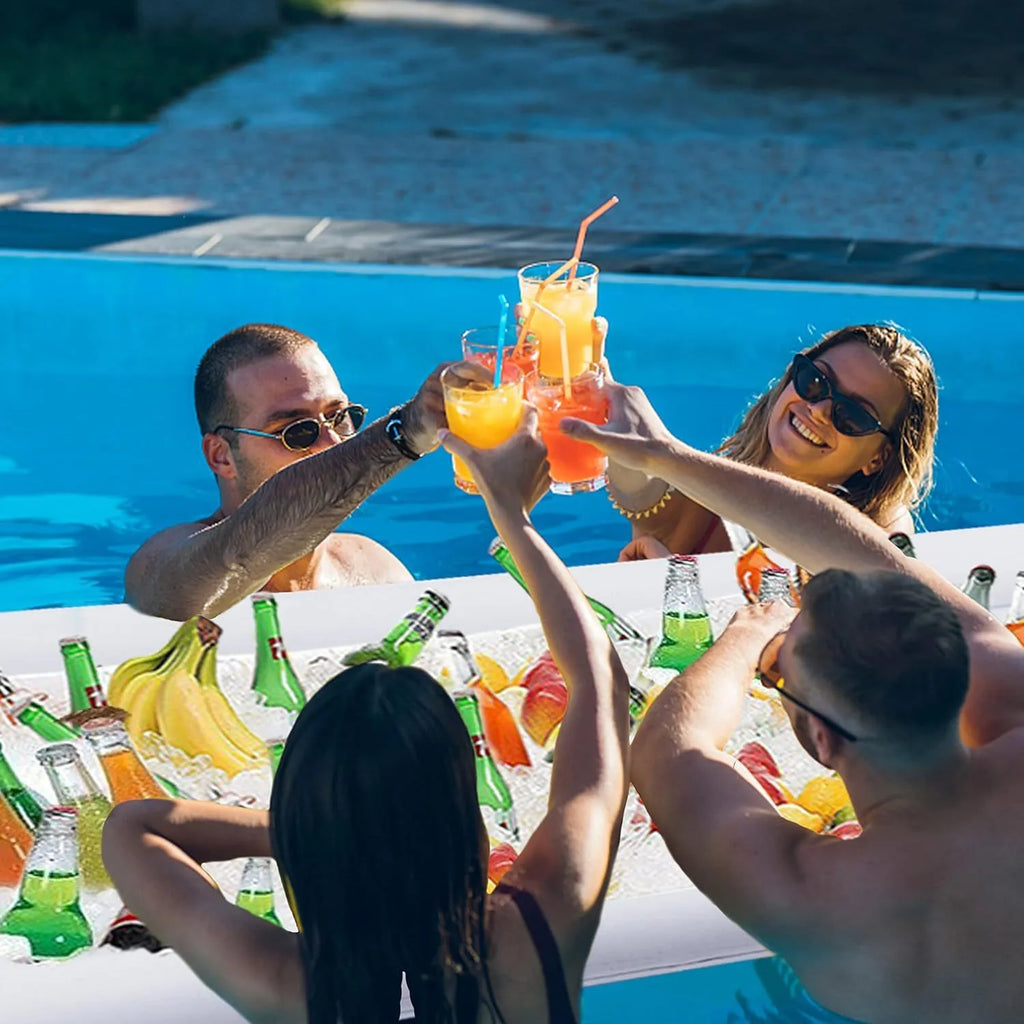 Inflatable PVC ice bar for parties with cup holders and a yellow beer steins ice bucket