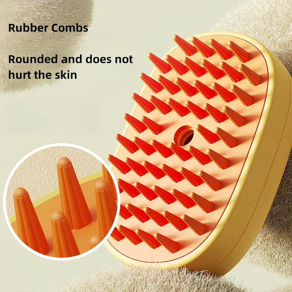 White rechargeable steam pet brush for dogs and cats on a table