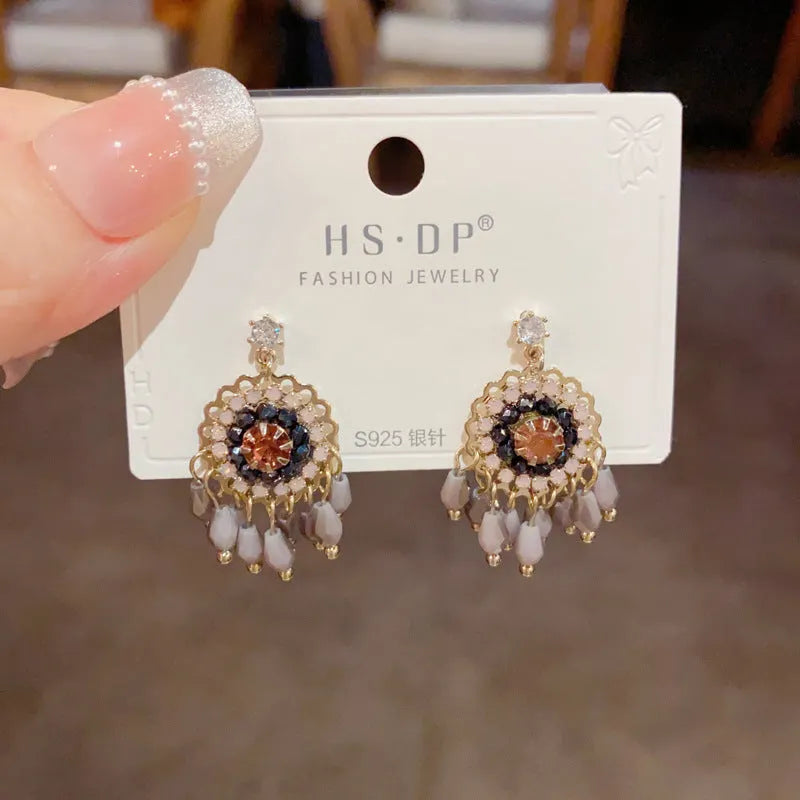 Diamond embedded round crystal tassel earrings thick gold plated copper geometric drop blue purple women's jewellery