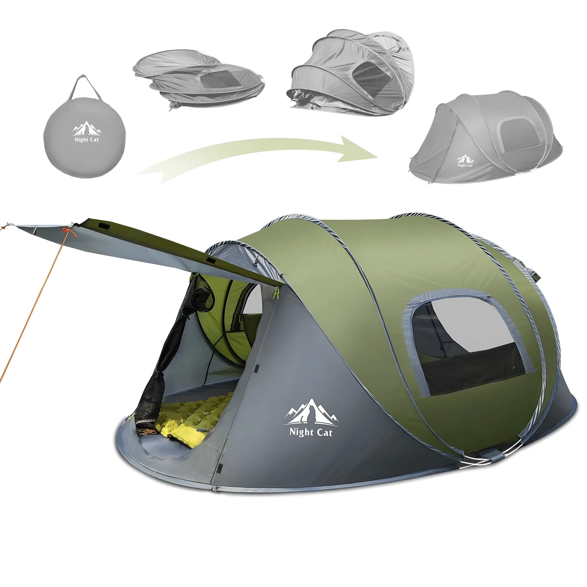 Dark green automatic pop-up camping tent for two people showing small house design