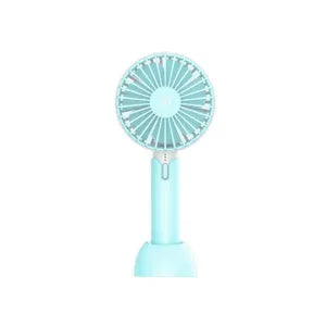 Blue handheld mini desktop USB fan with shaking head showing three-speed controls