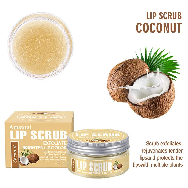 Amatoni Lip Scrub jar in one of four flavours: Coconut, Raspberry, Vanilla, or Watermelon, 30g net weight.