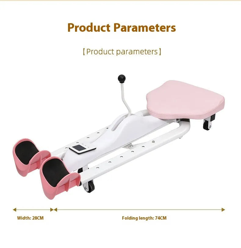 Leg opener stretching device with steel frame and foam padding in blue and pink colour options