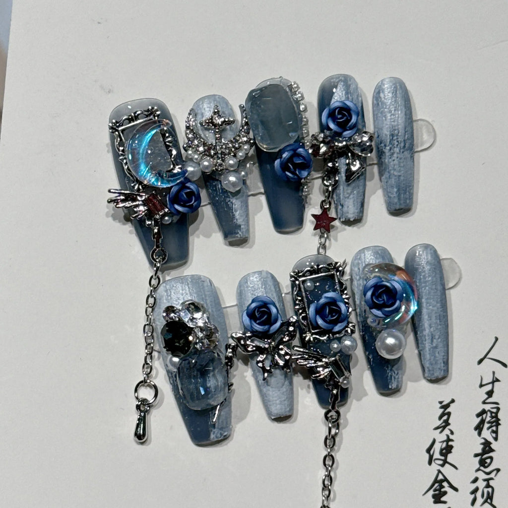 Heavy industry blue manicure set with ornate rose and tulip flower patterns