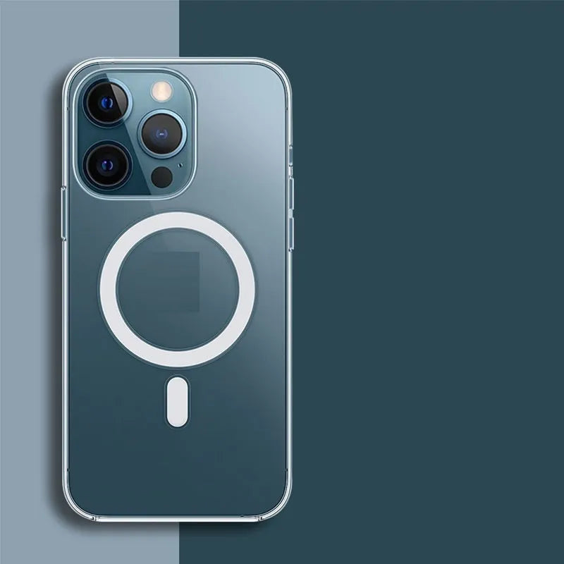 Transparent magnetic phone case for iPhone showing clear back and magnetic ring