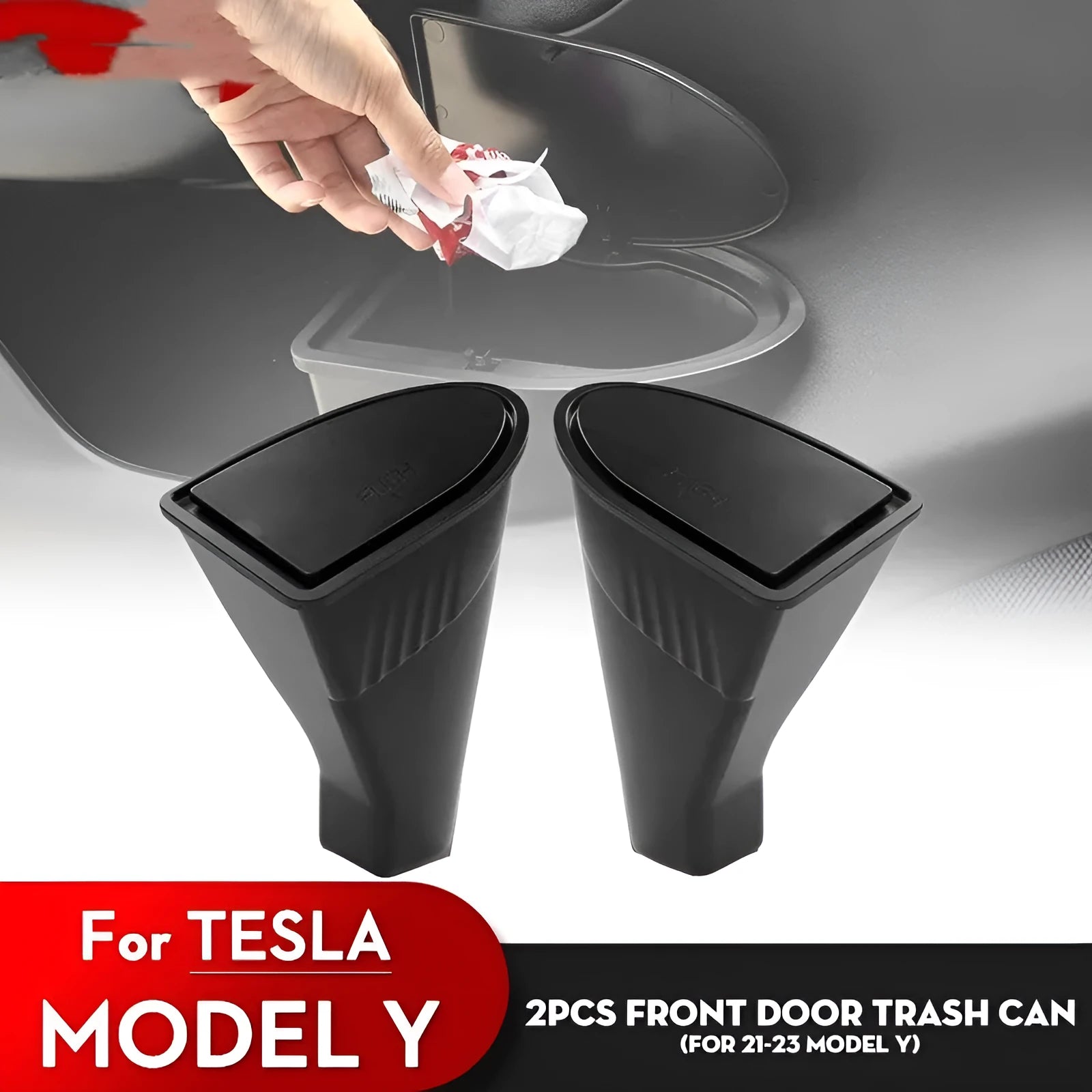 Black ABS plastic car door trash cans for Tesla Model Y front doors, waterproof containers measuring 25.5cm