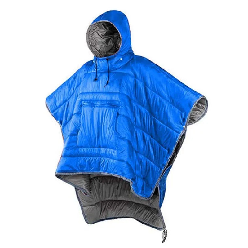 Army Green outdoor cloak sleeping bag worn as a cape, showing its 200cm length and nylon fabric.