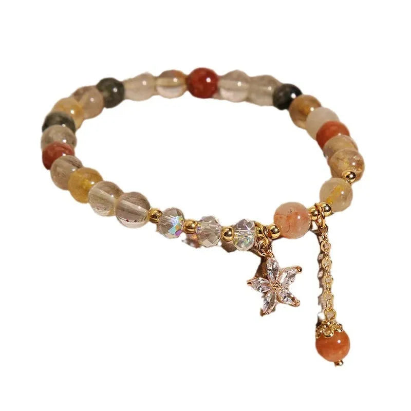 Single circle bracelet with natural coloured hair crystal beads in Korean style flower and insect designs