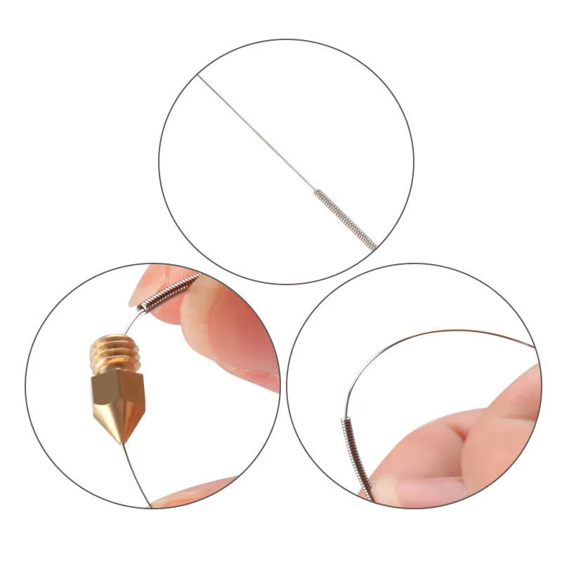 Box of ten 3D printer nozzle cleaning needles with stainless steel wires and nylon handles for E3D V6 and MK8 hotends