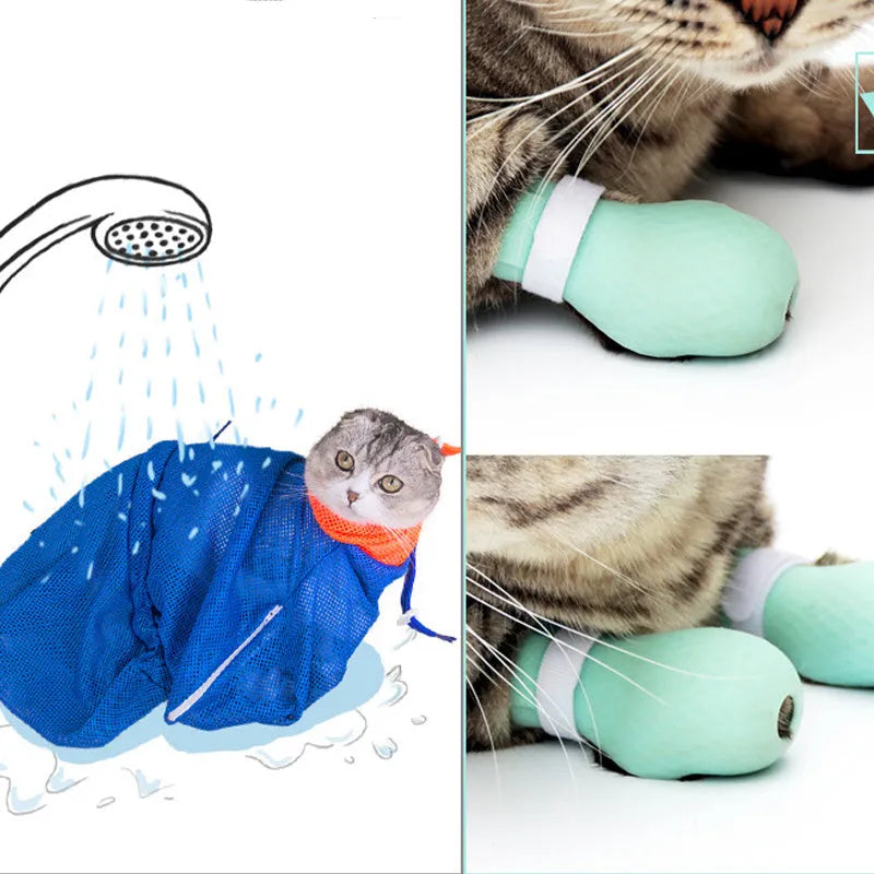 Four green silicone cat foot covers for scratch protection during pet washing and medicine administration