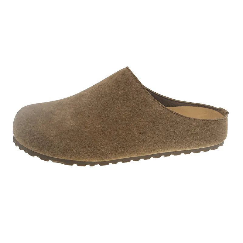 Pair of ugly soft flat Korean style slippers with square toe, shown in apricot colour.