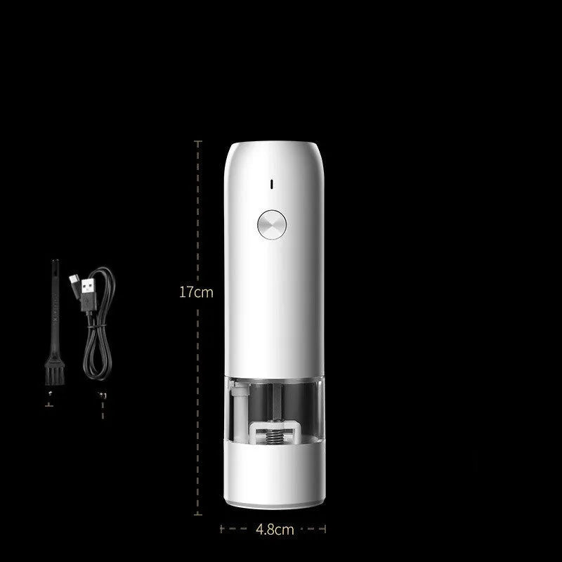 Rechargeable electric pepper and salt grinder set with clear acrylic body, LED light, and USB cable on a countertop