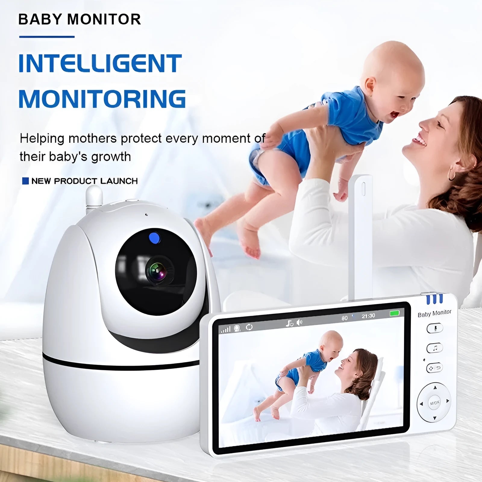 White HD wireless baby monitor with 5-inch LCD screen and camera