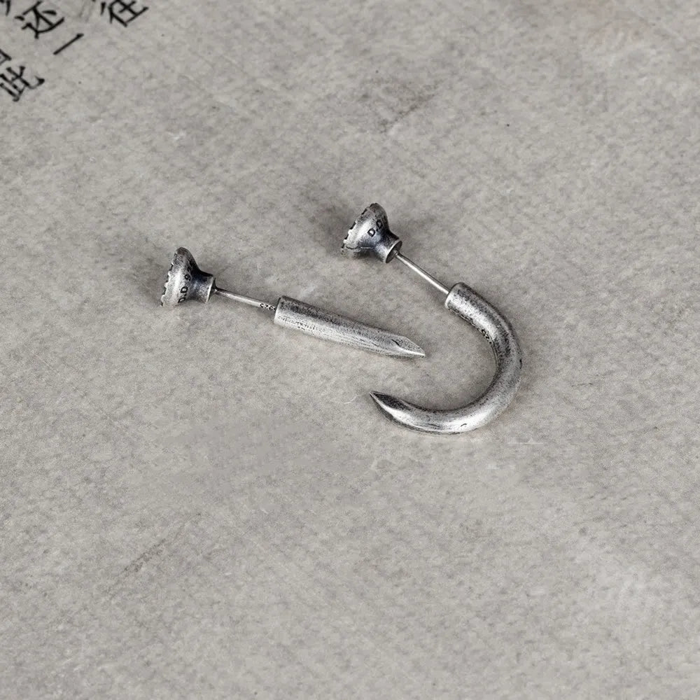 Sterling silver punk earrings with retro nail design in straight and curved styles