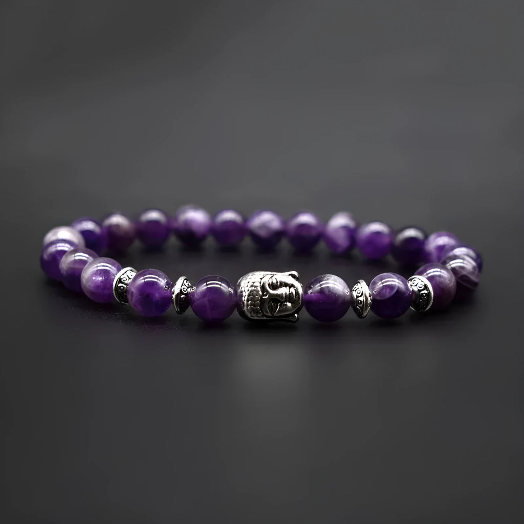 Tiger Eye stone Buddha head bracelet for men and women with amethyst gemstone accents.