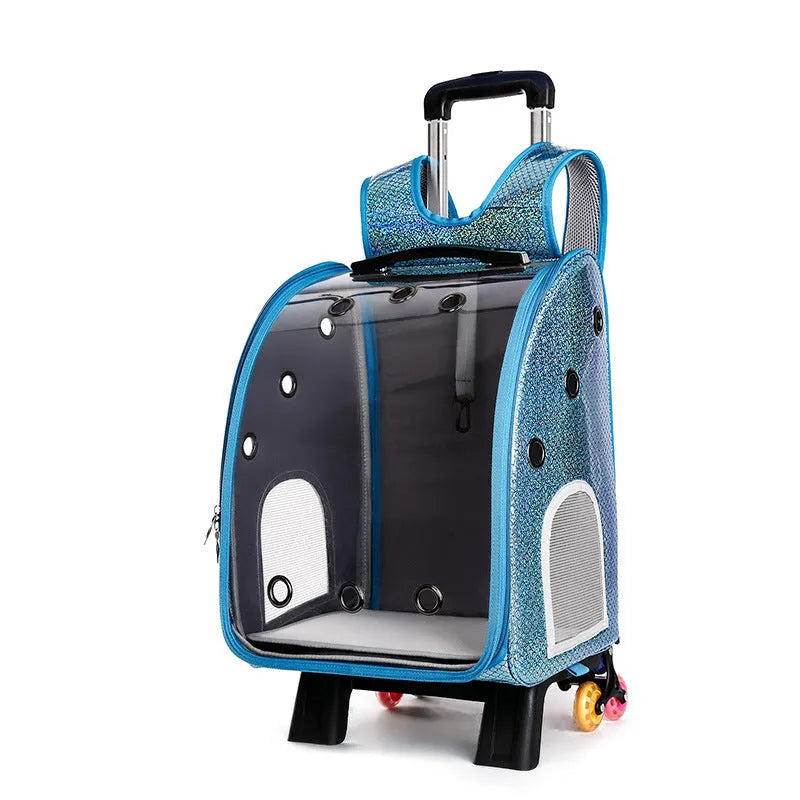 Transparent folding pet trolley bag for small dogs and cats with shoulder straps