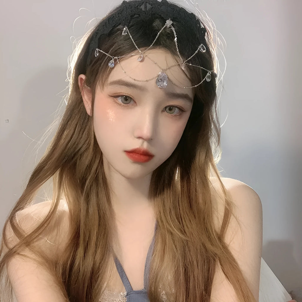 Water drop gem hair jewelry with inlaid artificial gems and semi-precious stones, silver or gold plated alloy, black lace colour