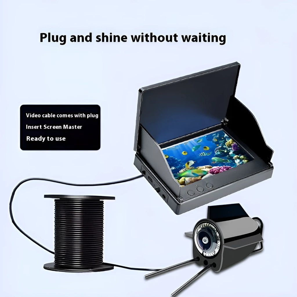 Fish finder underwater camera with 4.3 inch screen, showing HD underwater view with night vision lights on.