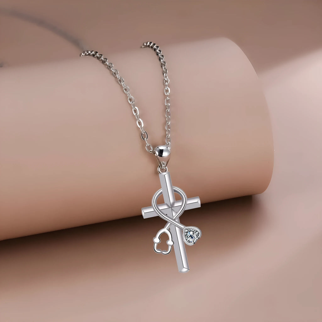 Cross stethoscope necklace with copper pendant and electroplated finish