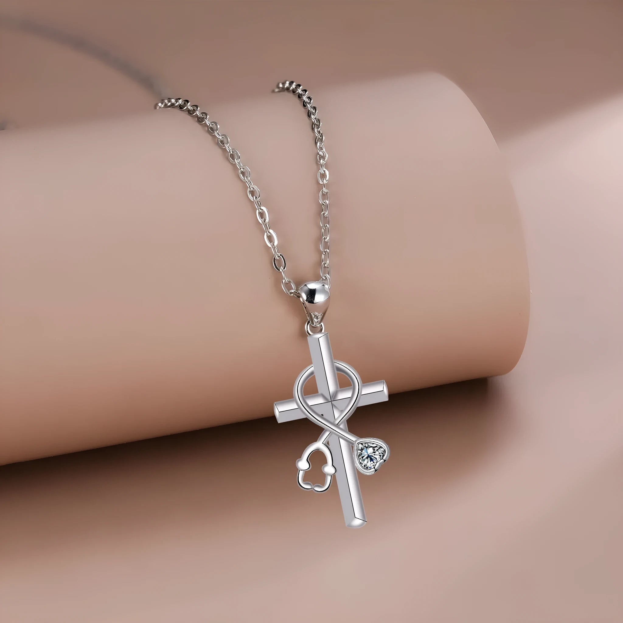 Cross stethoscope necklace with copper pendant and electroplated finish