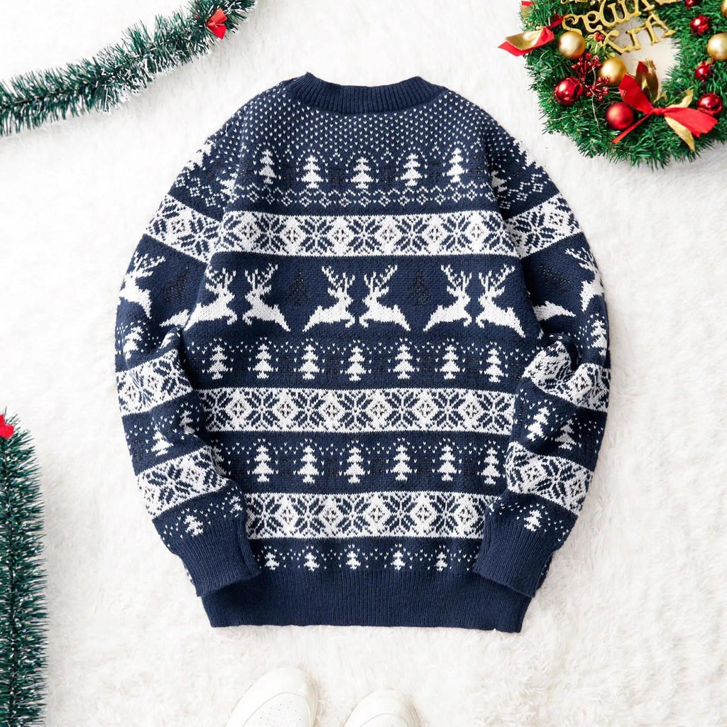 Men's red jacquard Christmas sweater with round neck and long sleeves on a model