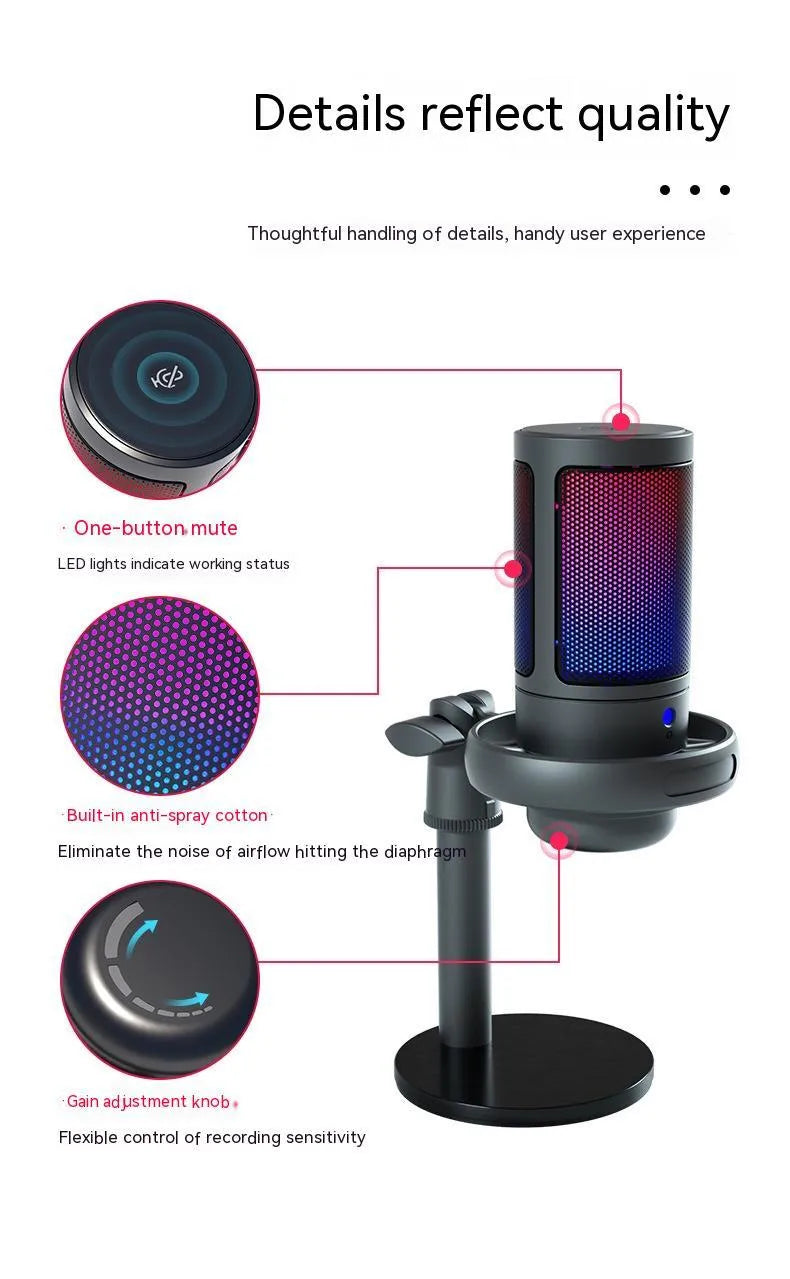 Wired condenser microphone body with RGB light available in black white and pink for live broadcast