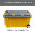 Large high-strength plastic storage box with pull rod, 55L capacity, thickened PP, available in vibrant orange colour