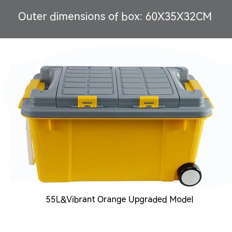 Large high-strength plastic storage box with pull rod, 55L capacity, thickened PP, available in vibrant orange colour