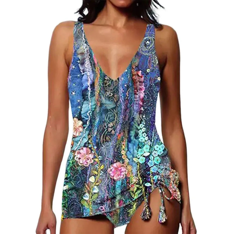 Women's printed triangle bikini swimsuit in spandex, shown as a split set with a top and shorts.