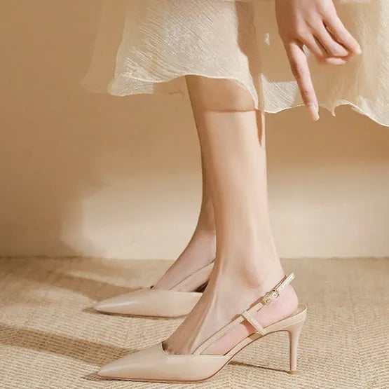 Women's apricot one line buckle toe high-heeled sandals with thin belt and buckle, rubber sole, sizes 34-39