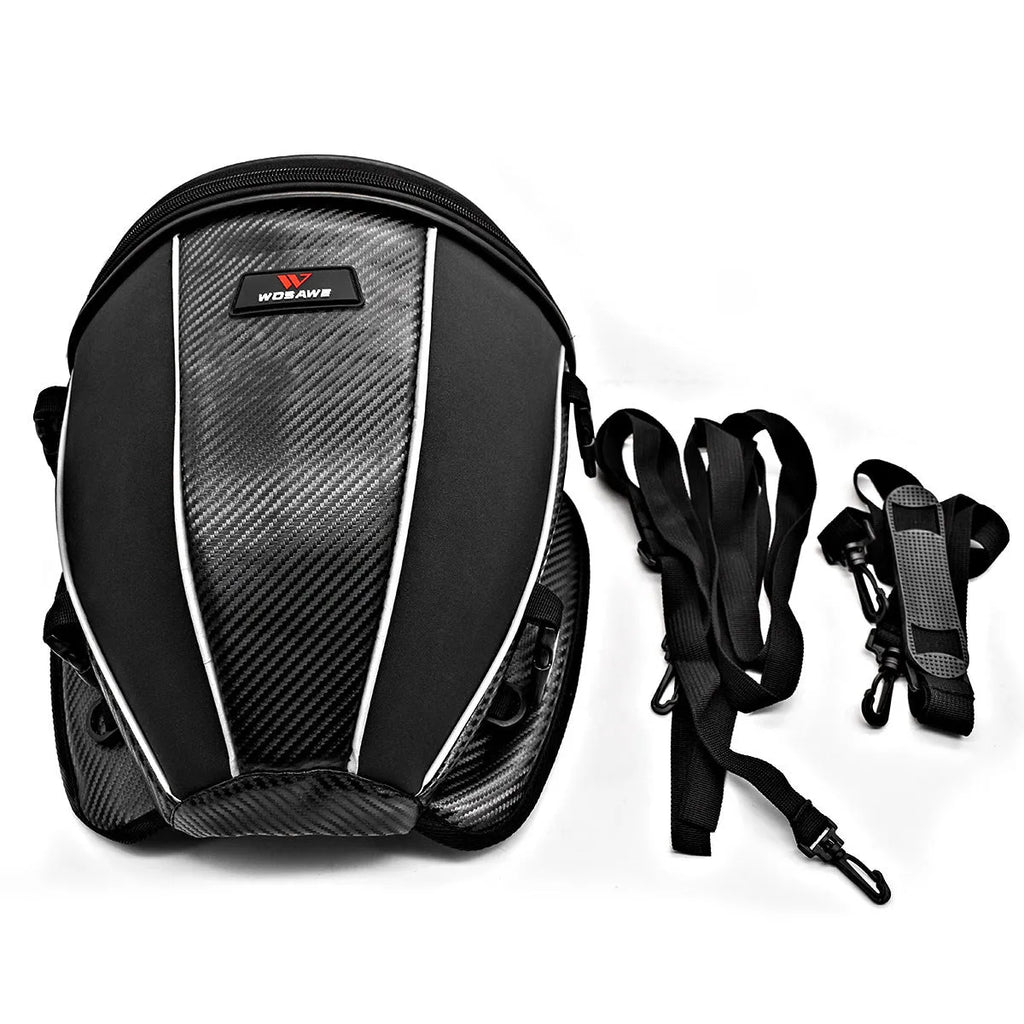 Black motorcycle fuel tank bag with reflective line, 15L capacity, PU and polyester construction