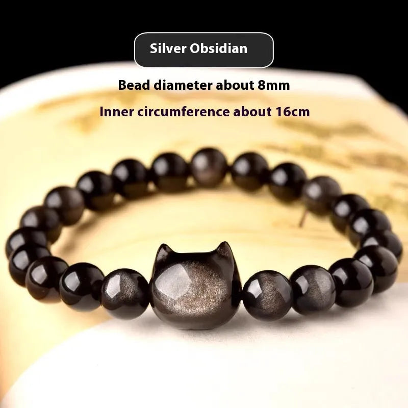 Polished obsidian cat head bracelet with natural stone beads and round cat head accessory, gold style, 10mm beads