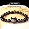 Polished obsidian cat head bracelet with natural stone beads and round cat head accessory, gold style, 10mm beads