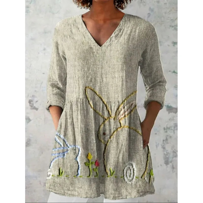 Women's printed loose dress with 3/4 sleeves and wide waist design in floral pattern