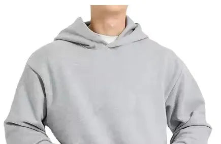 Men's grey cotton pullover hoodie with a fleece wool lining and long sleeves.