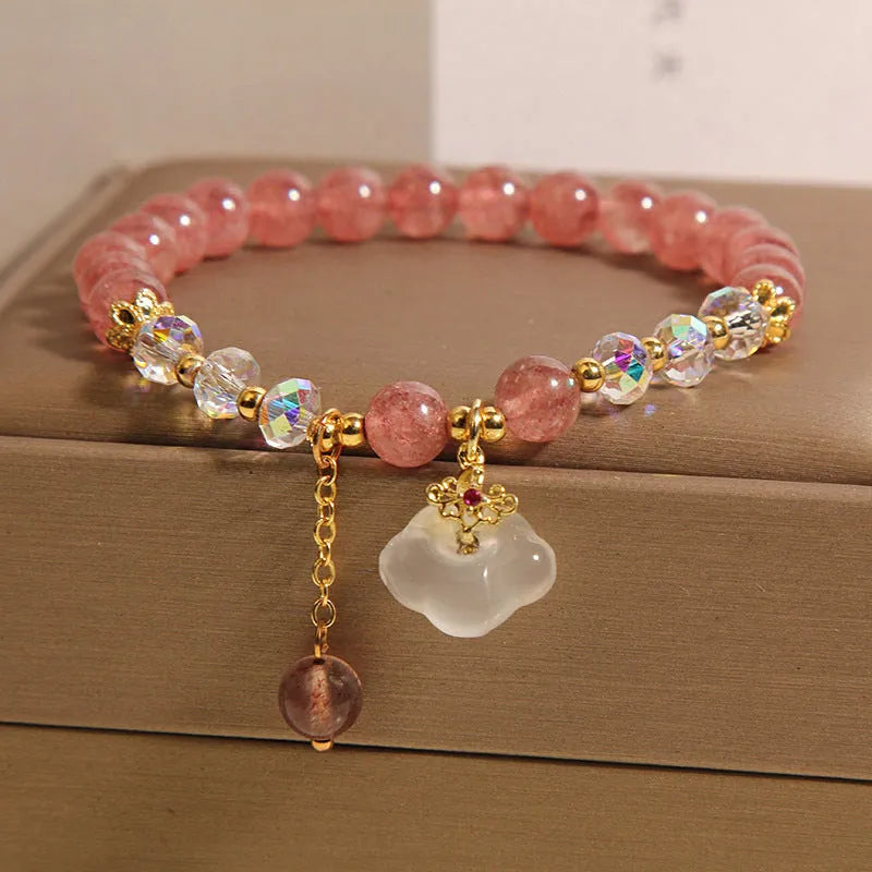 Women's natural strawberry quartz and white agate bracelet auspicious clouds design 40g