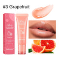 Women's fruity flavour lip gloss in berry, grape, grapefruit, and yellow peach variants.