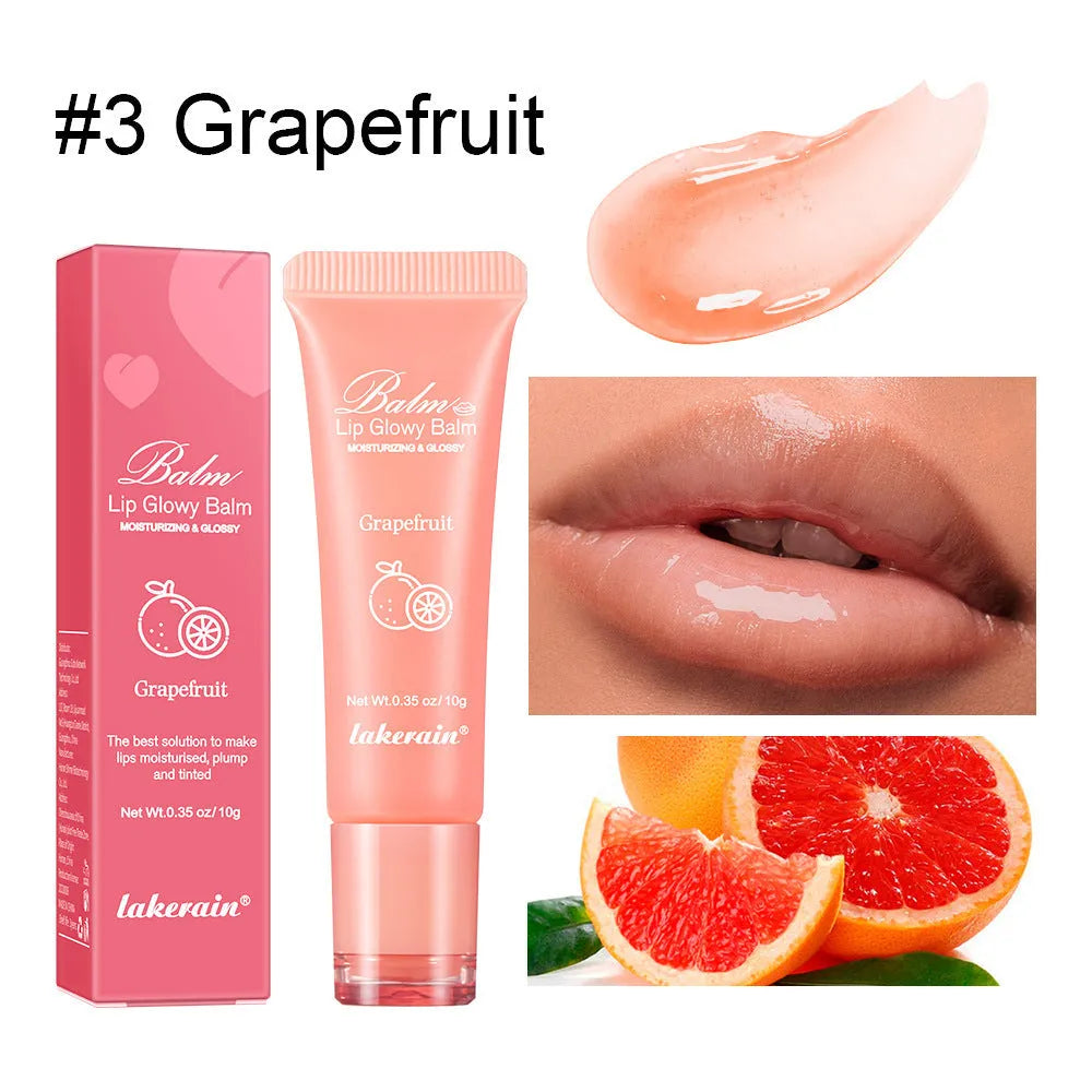 Women's fruity flavour lip gloss in berry, grape, grapefruit, and yellow peach variants.