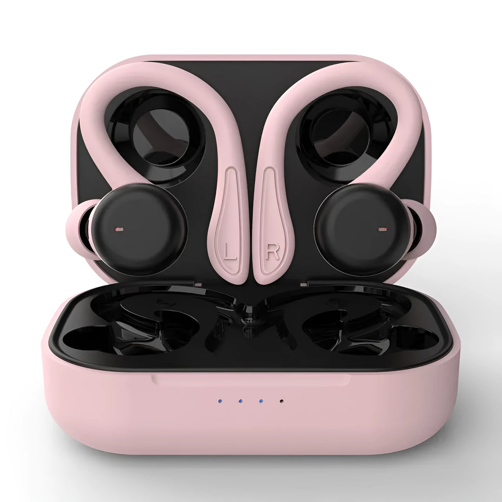 Black wireless sports earphones with removable ear hooks showing charging case and multiple earbud sizes